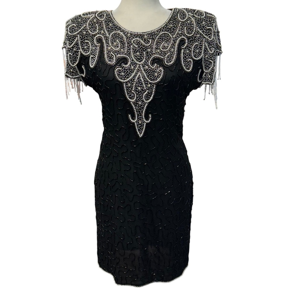 Vtg 80s Laurence Kazar Women Sz PXL Cocktail Formal Dress Black 100% Silk Beaded